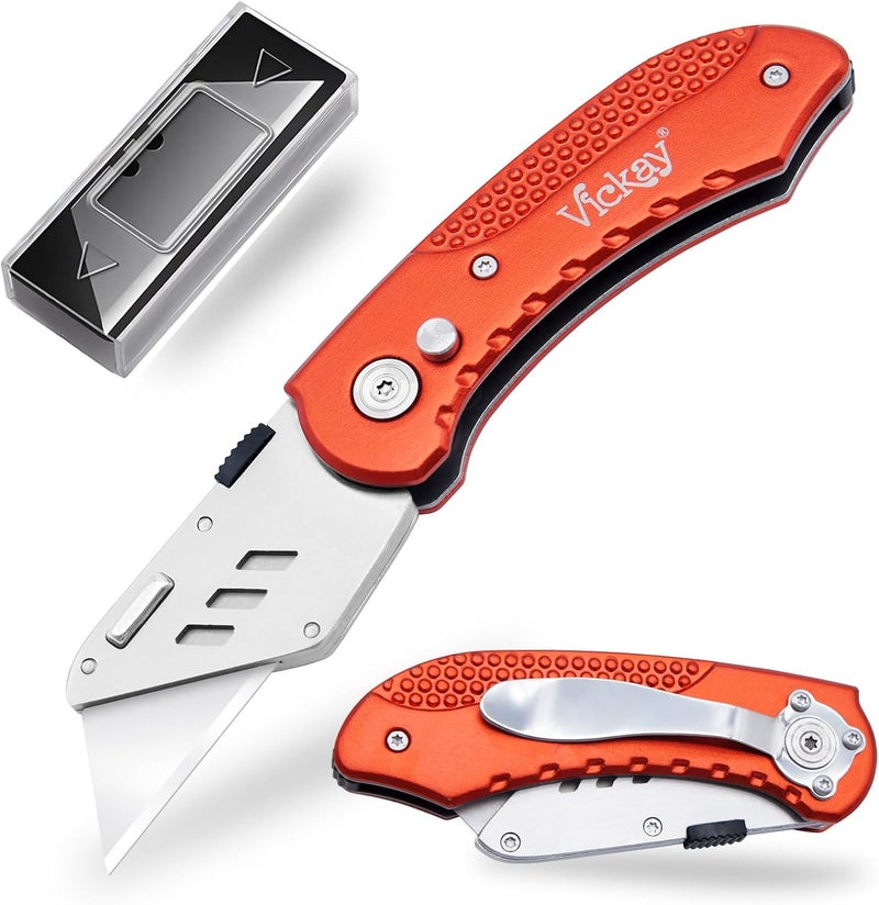 Vickay Box Cutter Folding Utility Knife Heavy Duty with 5 SK5 Quick Change Blades, Safety Axis Lock Design Razor Knife, Lightweight Aluminum Body Belt Clip for Office - Image 1